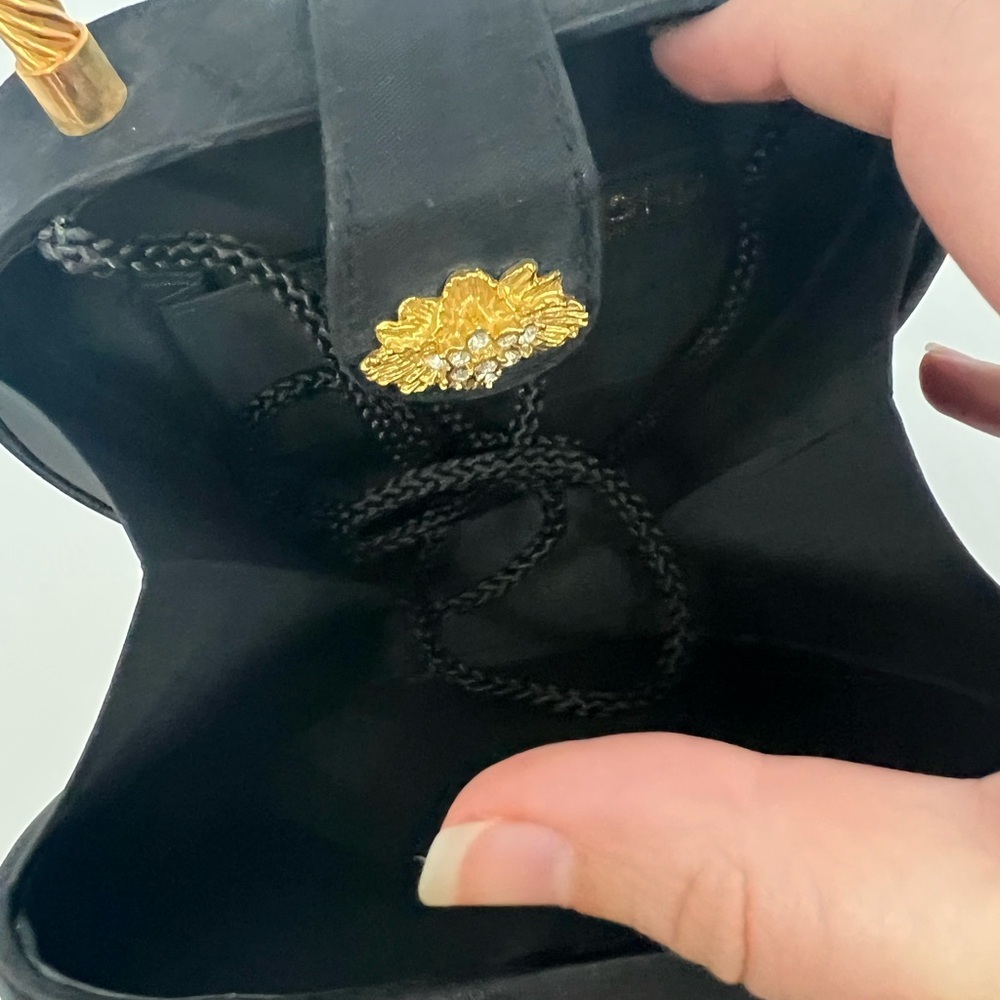 Vintage Sasha Black Satin Heart-Shaped Evening Bag w Gold Handle Rhinestone - Picture 6 of 6